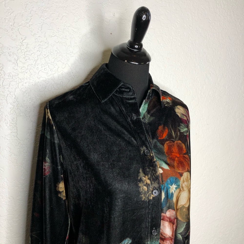 Soft Surroundings black red cream floral velvet velour button down top size PS - Picture 2 of 14